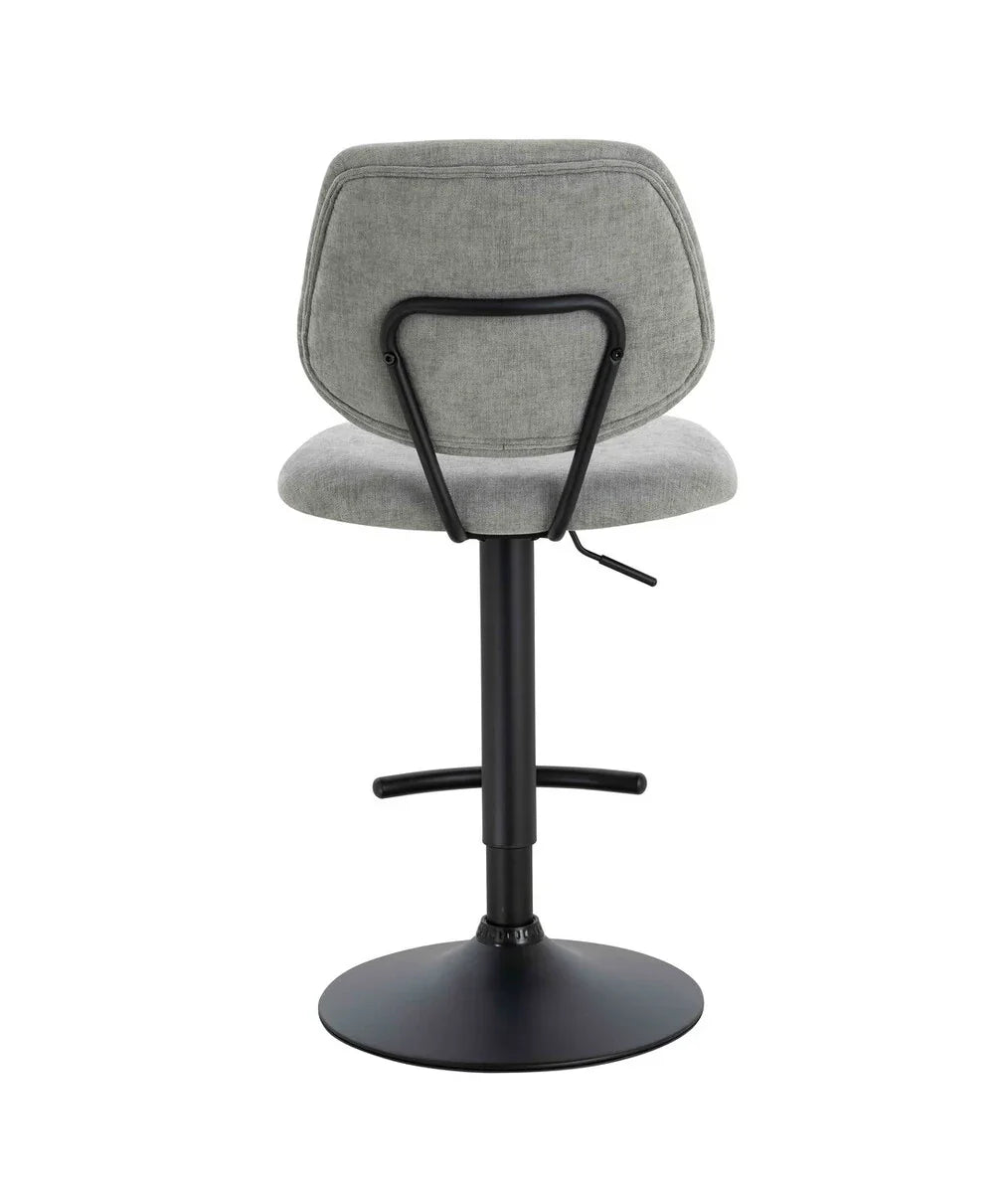 Grey fabric bar stool with black powder-coated base and height adjust lever, rear view