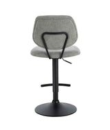 Grey fabric bar stool with black powder-coated base and height adjust lever, rear view