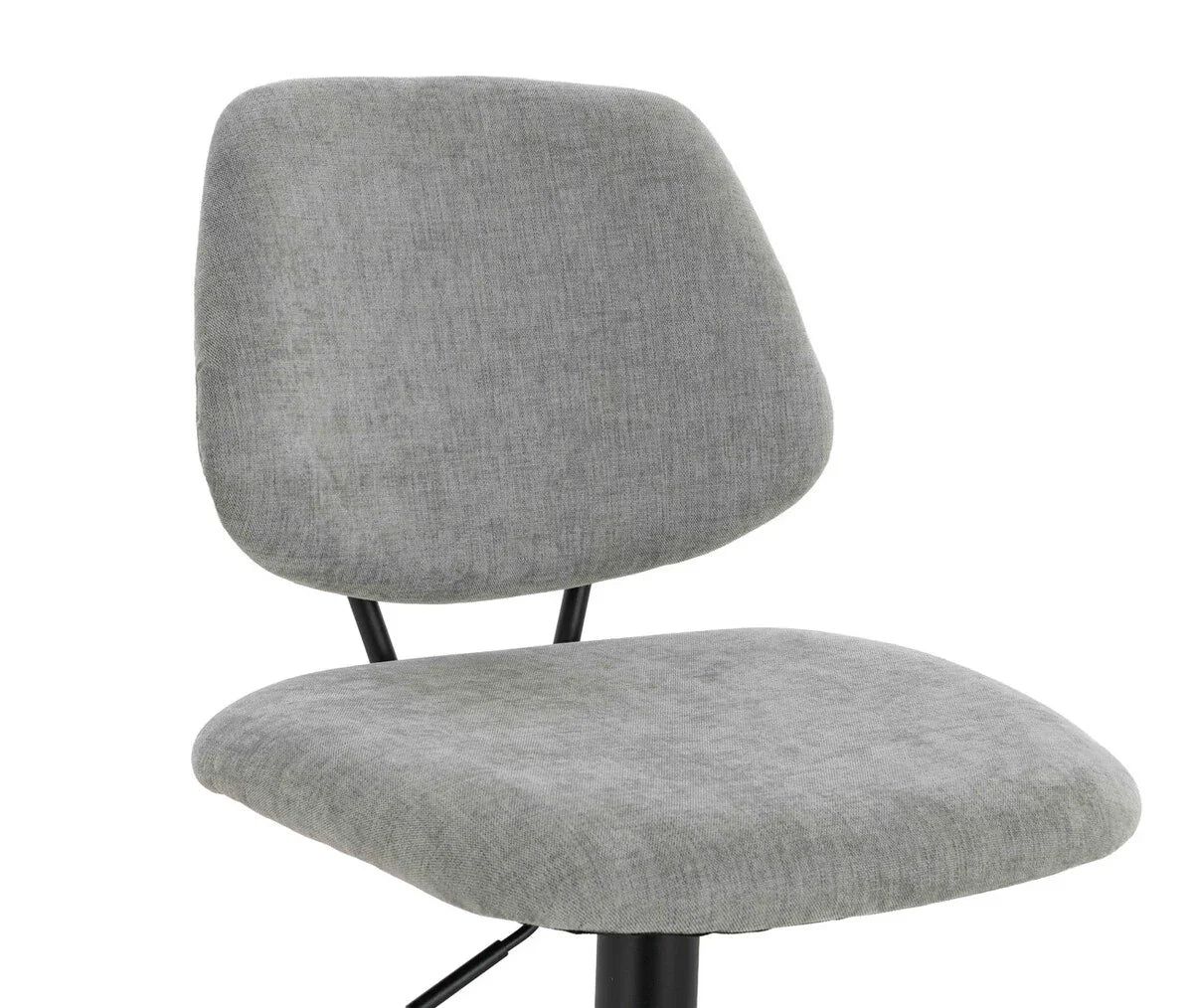 Grey fabric dining chair with cushioned seat and backrest on black metal legs