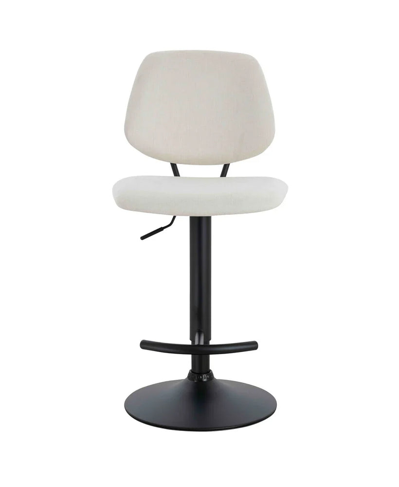 Beige fabric bar stool with black metal base and footrest, front view