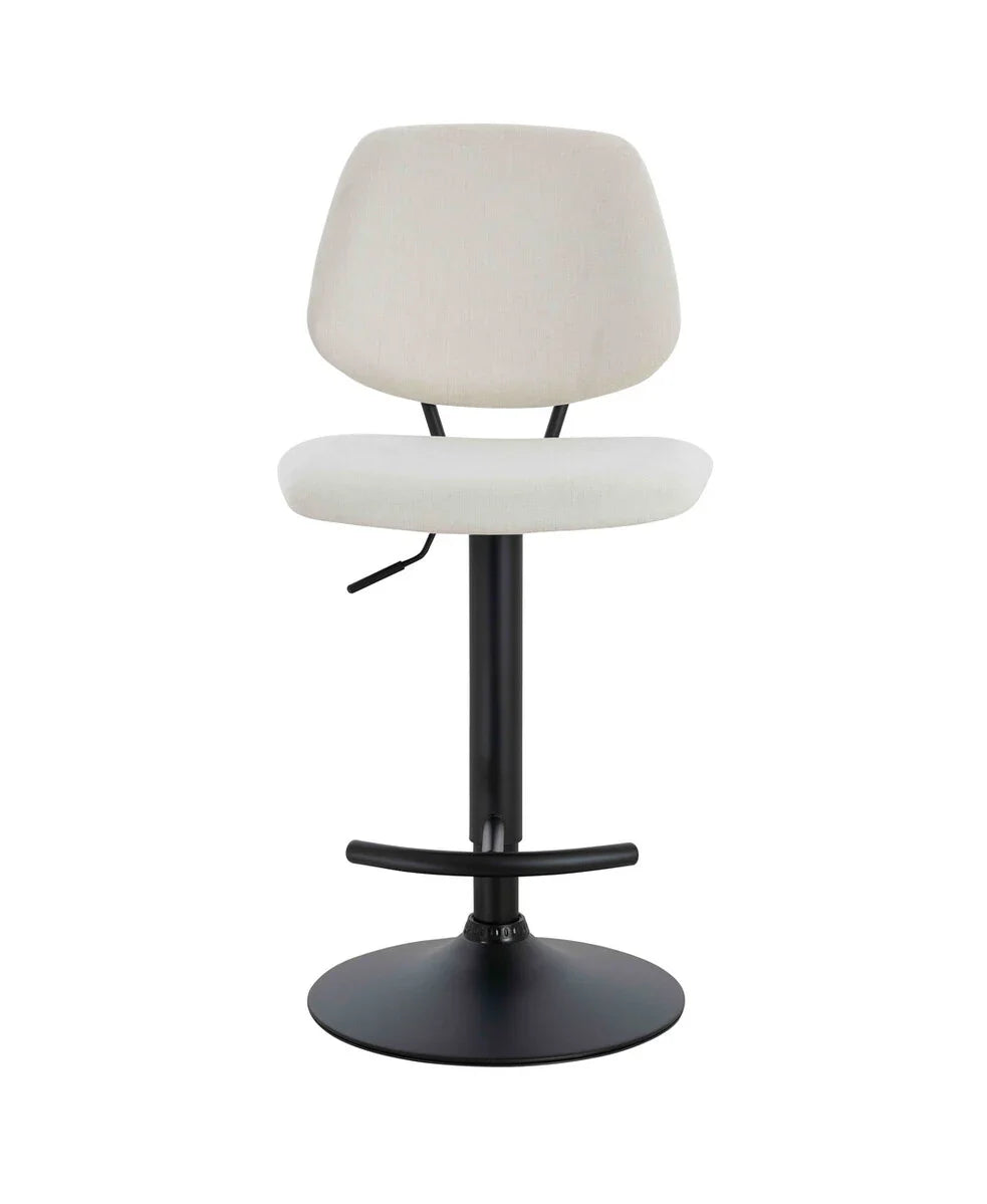 Beige fabric bar stool with black metal base and footrest, front view