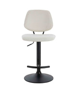 Beige fabric bar stool with black metal base and footrest, front view