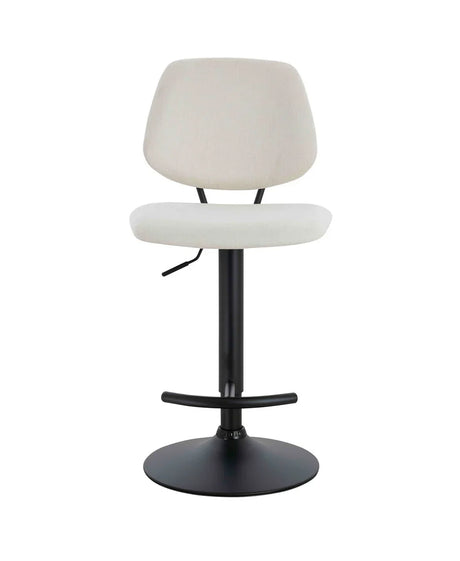 Beige fabric bar stool with black metal base and footrest, front view