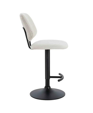 Cream fabric bar stool with cushioned seat, curved backrest and black metal pedestal base
