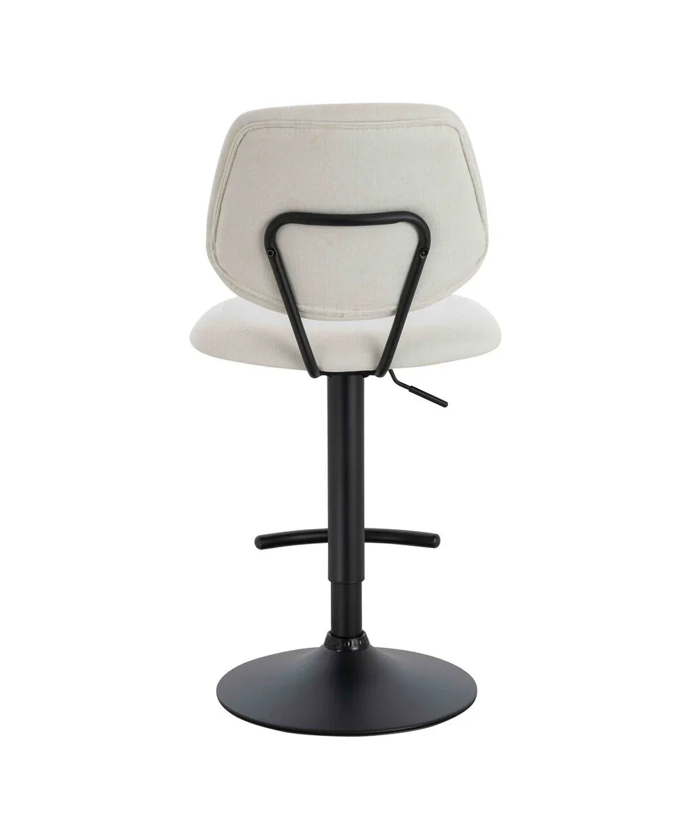Beige fabric bar stool with black metal base and footrest, rear view
