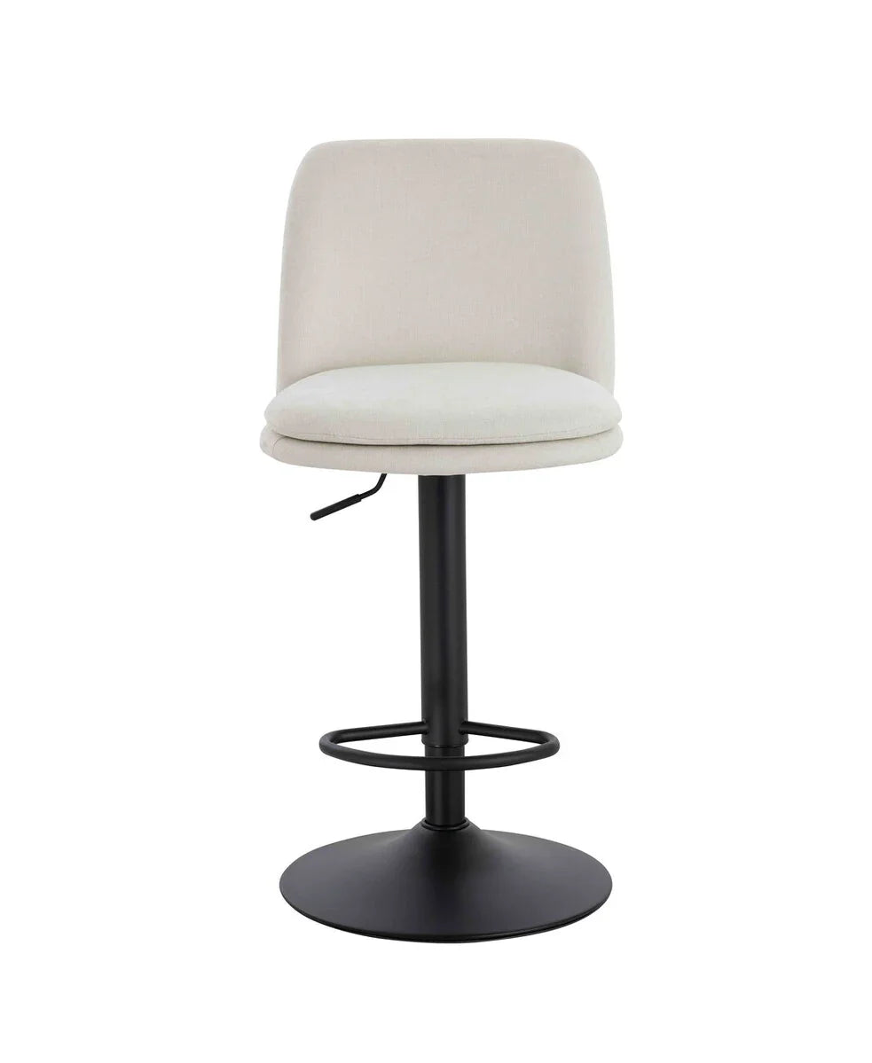 Beige bar stool with cushioned seat, black metal base and footrest, front view