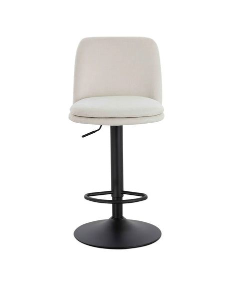 Beige bar stool with cushioned seat, black metal base and footrest, front view