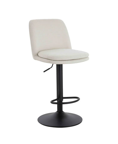 Beige fabric bar stool with cushioned seat, black metal base and footrest, side lever
