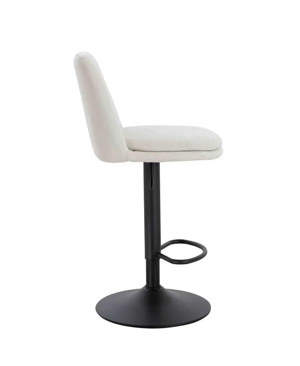 Cream fabric bar stool with black pedestal base and footrest, side view
