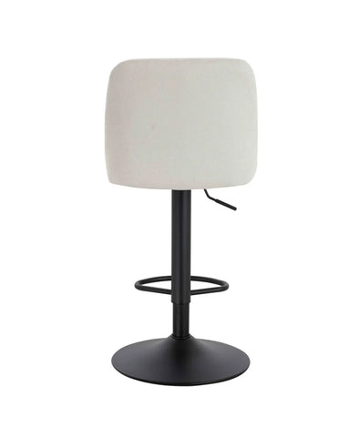 Back view of cream fabric bar stool with black metal base and footrest