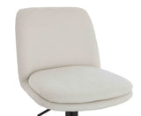 Beige fabric dining chair with cushioned seat and backrest, partial side angle view