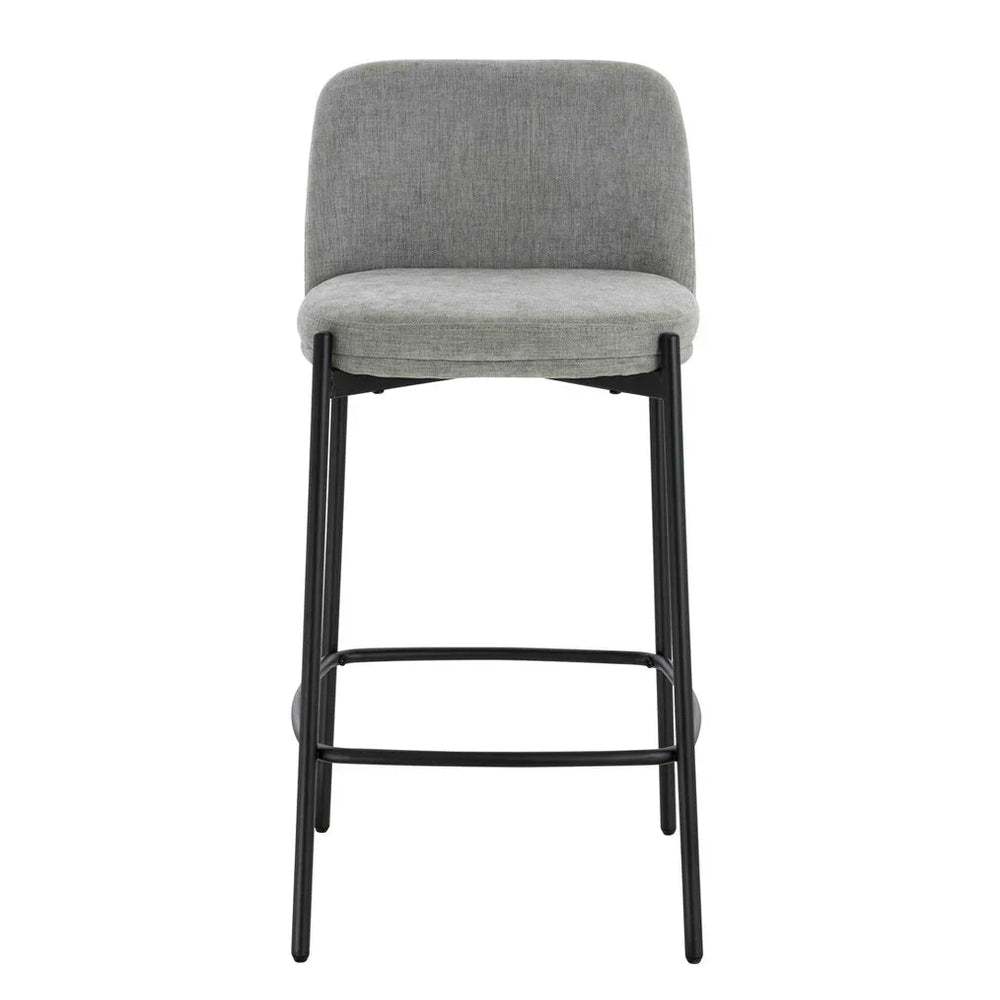 Grey fabric bar stool with cushioned seat and black metal legs, front view