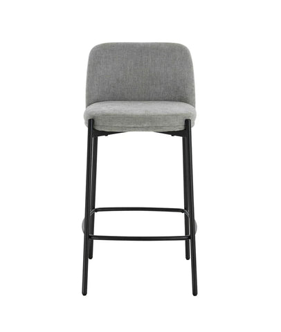 Grey fabric bar stool with cushioned seat and black metal legs, front view