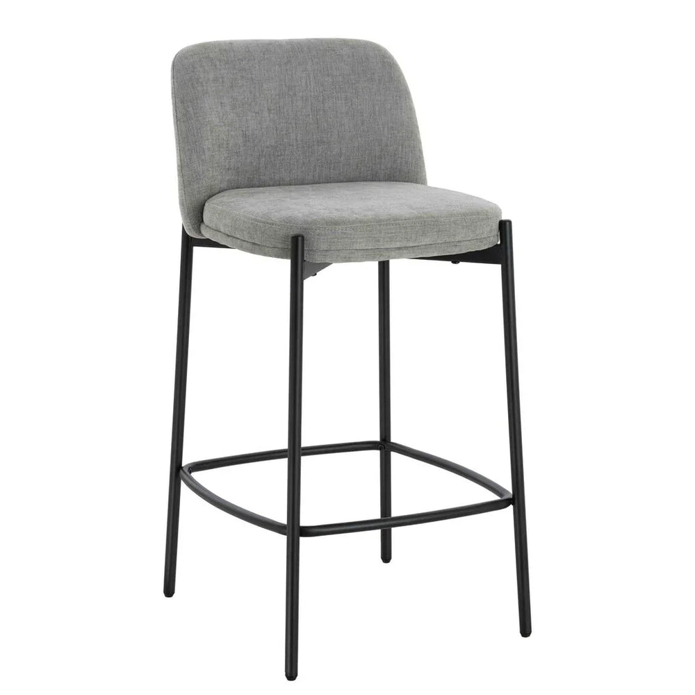 Grey fabric bar stool with cushioned seat, black metal legs and low curved backrest