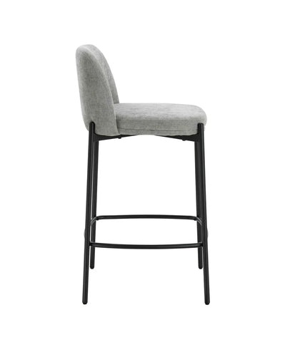 Grey fabric bar stool with black metal legs, side view