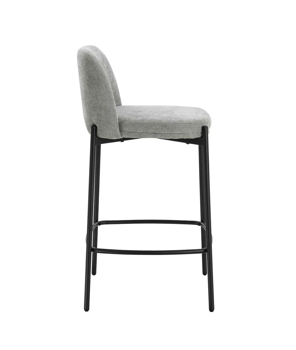 Grey fabric bar stool with black metal legs, side view