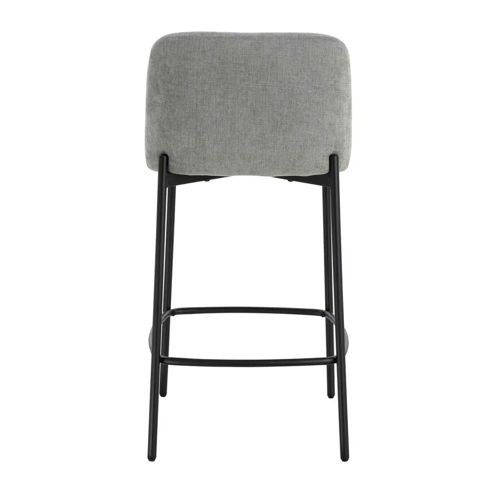 Grey fabric bar stool with black metal legs, rear view