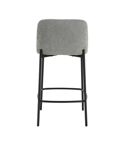 Grey fabric bar stool with black metal legs, rear view