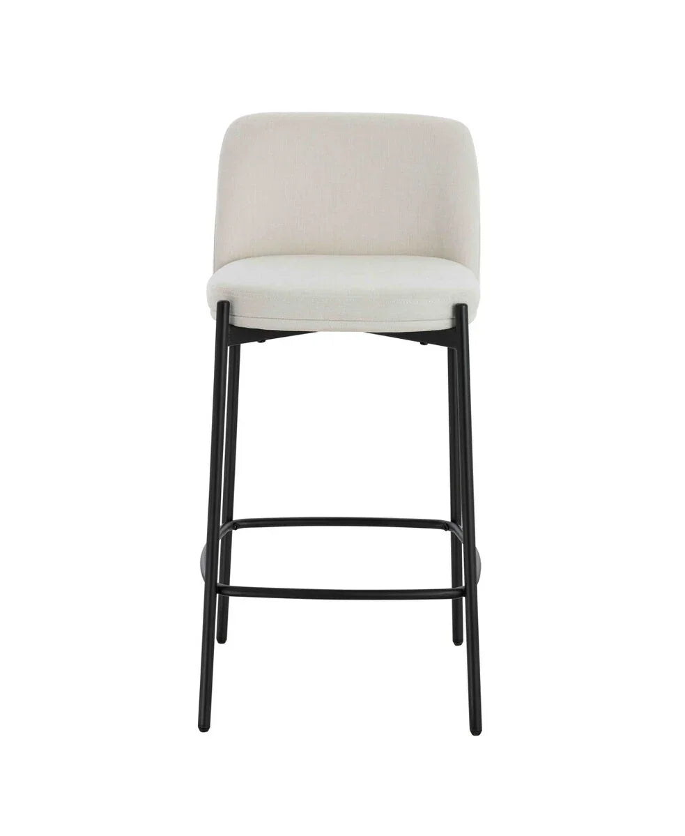 Modern cream fabric bar stool with black metal legs, front view