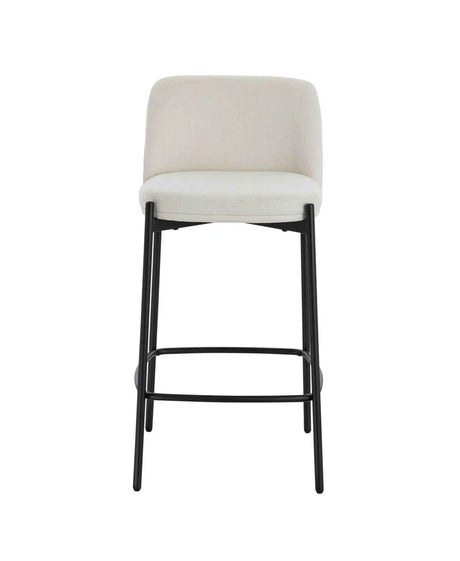 Modern cream fabric bar stool with black metal legs, front view