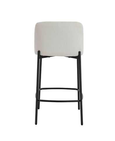 Light grey upholstered bar stool with black metal legs, rear view