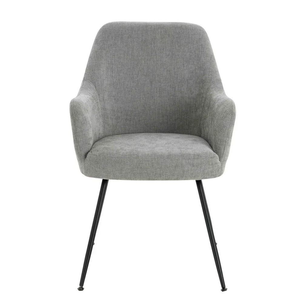 Grey fabric accent chair with black metal legs, front view