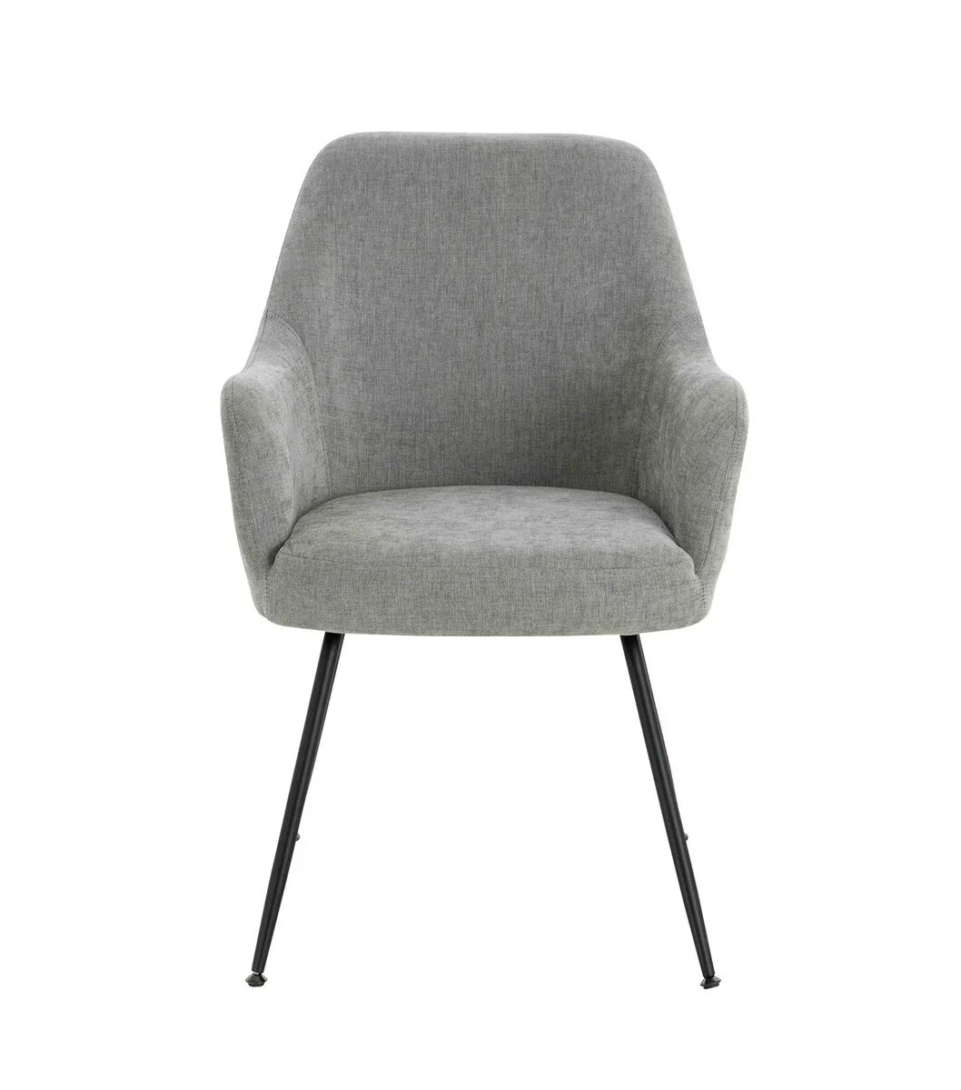 Grey fabric accent chair with black metal legs, front view