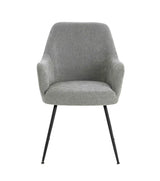 Grey fabric accent chair with black metal legs, front view