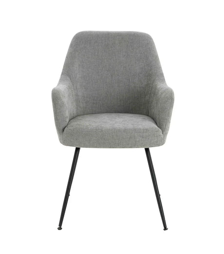 Grey fabric accent chair with black metal legs, front view