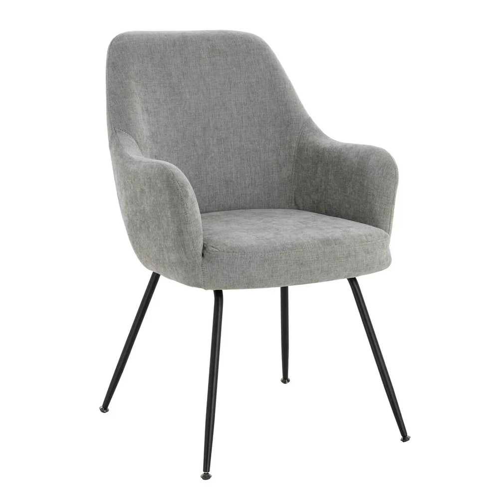 Grey fabric accent chair with curved backrest and black metal legs, front facing view