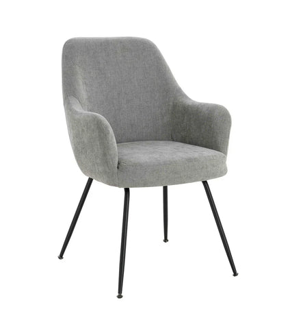 Grey fabric accent chair with curved backrest and black metal legs, front facing view