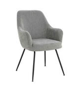 Grey fabric accent chair with curved backrest and black metal legs, front facing view