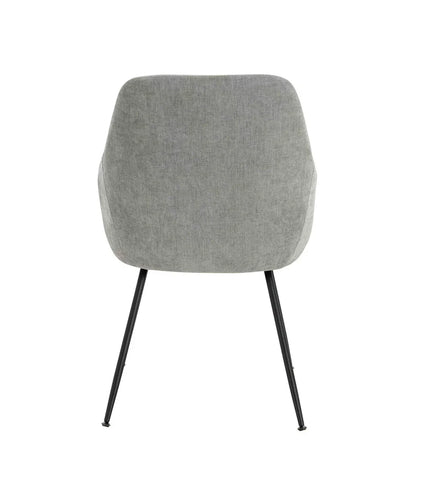 Rear view of grey fabric dining chair with black tapered metal legs