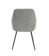 Rear view of grey fabric dining chair with black tapered metal legs