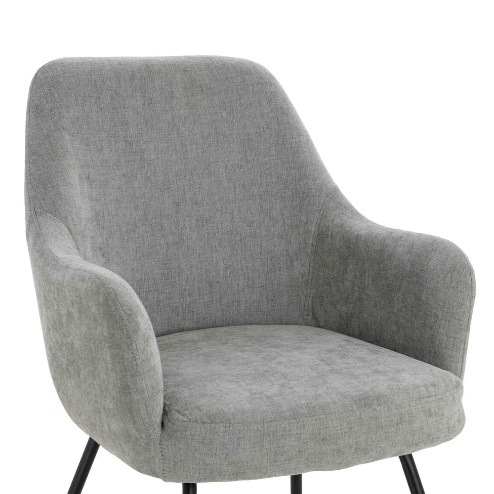 Grey fabric armchair with curved backrest and black metal legs, front angle view