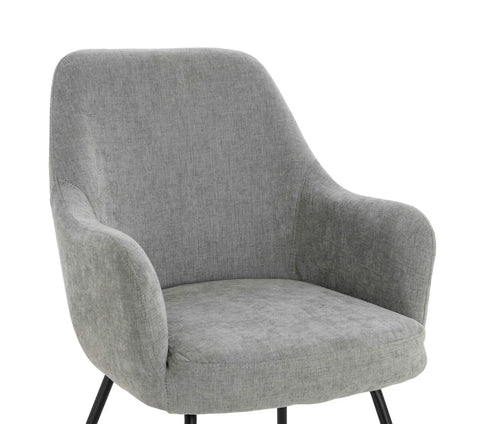 Grey fabric armchair with curved backrest and black metal legs, front angle view