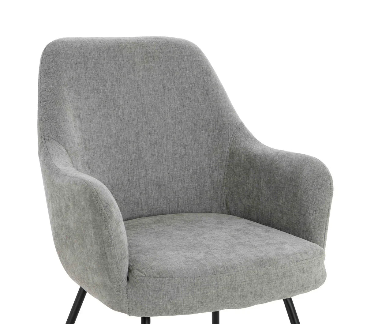 Grey fabric armchair with curved backrest and black metal legs, front angle view
