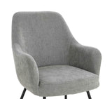 Grey fabric armchair with curved backrest and black metal legs, front angle view