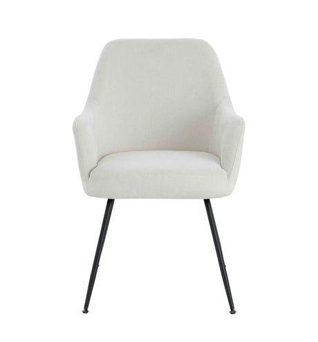 Cream upholstered accent chair with black metal legs, front view