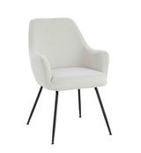 Cream fabric accent chair with curved backrest and black metal legs