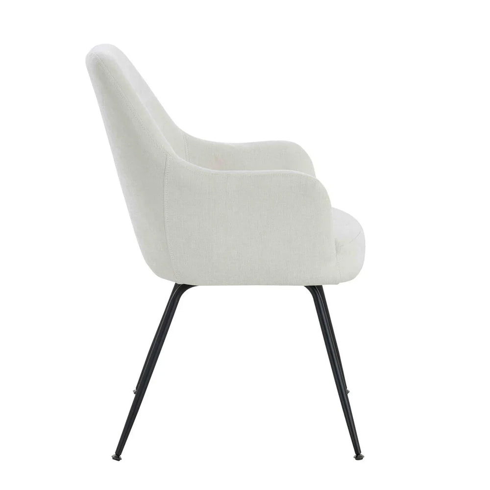 Light grey fabric armchair with black metal legs, side view