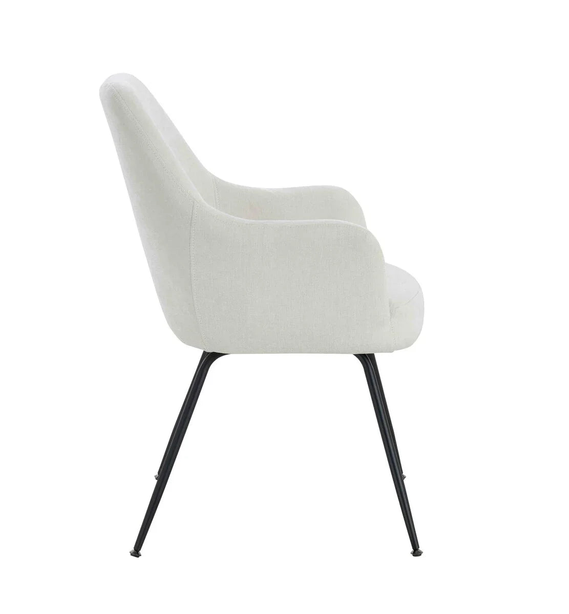 Light grey fabric armchair with black metal legs, side view