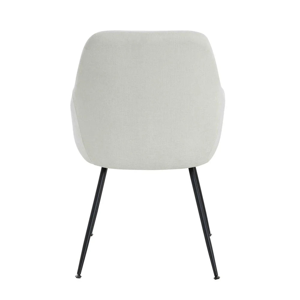Rear view of modern dining chair with light grey fabric and slim black metal legs