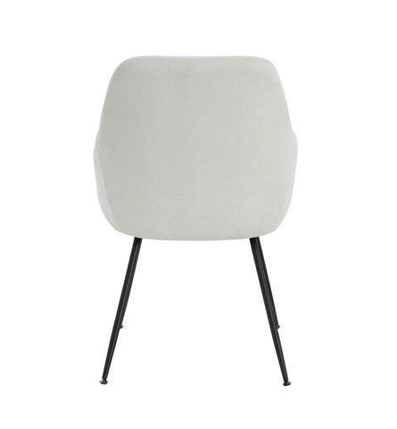 Rear view of modern dining chair with light grey fabric and slim black metal legs