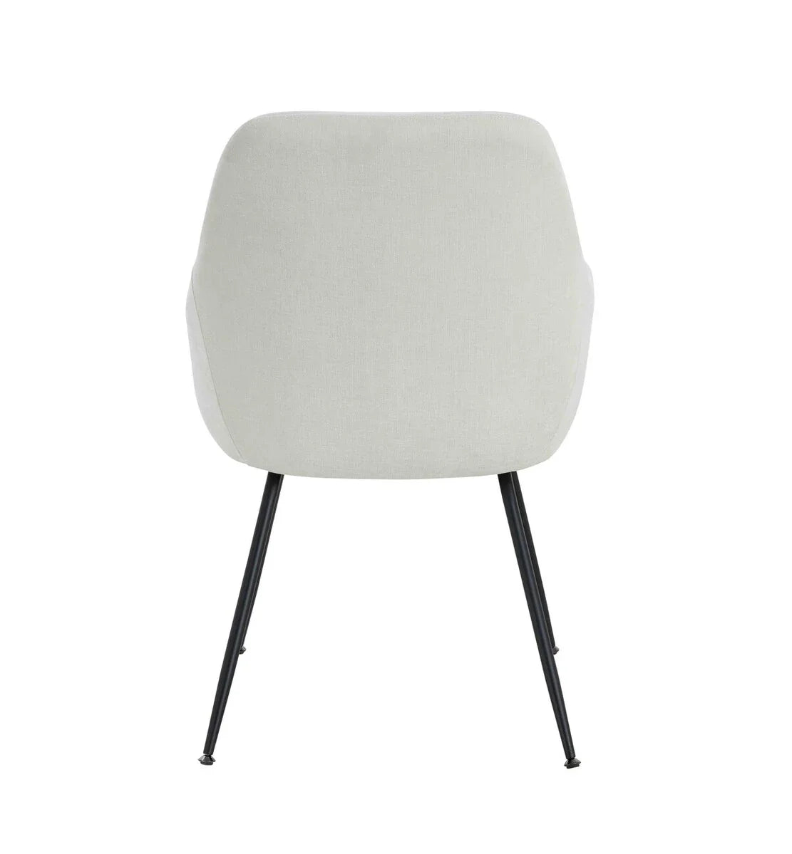 Rear view of modern dining chair with light grey fabric and slim black metal legs
