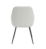 Rear view of modern dining chair with light grey fabric and slim black metal legs