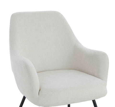 Cream fabric accent chair with curved backrest and black metal legs