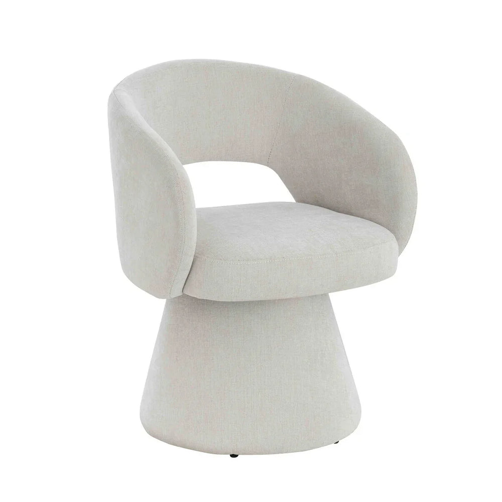 Light grey fabric accent chair with curved backrest and wide cushioned seat