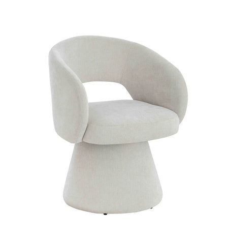 Light grey fabric accent chair with curved backrest and wide cushioned seat