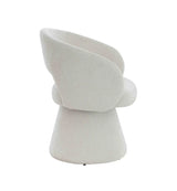 Side view of modern cream fabric accent chair with curved back and flared base